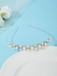 Wedding Bridal Silver Double Layer Pearl Rhinestone Headband Elegant Dainty Bridesmaid Prom Formal Hair Accessories - Silver - View 4