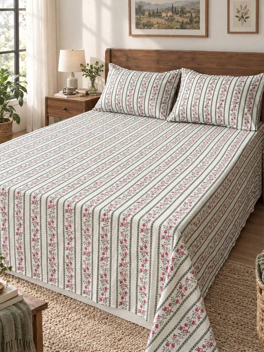 1pc Bed Sheet - 100% Lightweight Polyester Fabric, Pastoral Floral Print Bedspread, Breathable Bedding, Bedroom Decor Bedspread, Suitable For Adults