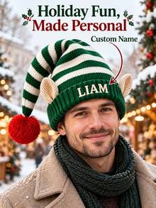 1pc Personalized Knitted Elf Christmas Hat With Custom Name, Red Green Striped Beanie With Ears And Pom Pom, Xmas Holiday Party Costume Accessory - Multicolor - View 2