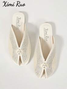 Ximi Ruo Women's Peep-Toe Flat Slides Spring New Fashion Outdoor Wear Rhinestone Closed Toe Slippers Slouchy Mule Shoes Internet Celebrity Closed Toe Slippers Women's Shoes Outdoor Wear Spring Summer New Fashion Pointed Toe Chunky Heel Mule Shoes Rhinestone - White - View 7
