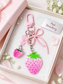 Pink Gradient Acrylic Strawberry Keychain, Pink Rope Knot Bow Pendant, Girly Star Bead Charm, Cute Bag Accessory, Small Gift For Best Friend - Pink - View 2