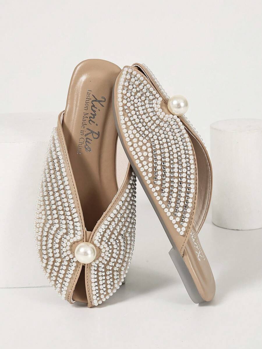 Ximi Ruo Women's Peep-Toe Flat Slides Spring New Fashion Outdoor Wear Rhinestone Closed Toe Slippers Slouchy Mule Shoes Internet Celebrity Closed Toe Slippers Women's Shoes Outdoor Wear Spring Summer New Fashion Pointed Toe Chunky Heel Mule Shoes Rhinestone - Apricot - View 1