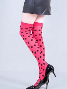1 Pair Red & Black Polka Dot Over-The-Knee High Socks, Retro Contrast Color Fashion Long Socks For Party Outfit - Red - View 4