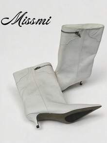 French Blogger Style Pointed Toe Wide Shaft Knee-High Boots, Nordic Kitten Heel Riding Boots For Women, Ins Style - White - View 1
