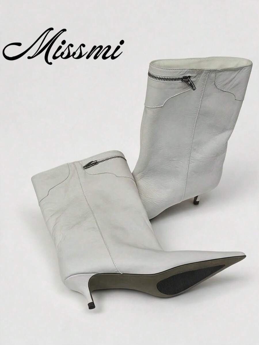 French Blogger Style Pointed Toe Wide Shaft Knee-High Boots, Nordic Kitten Heel Riding Boots For Women, Ins Style - White - View 1