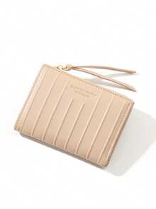 Women's Short Zipper Wallet, Ribbed PU Leather Card Holder, Solid Color Coin Purse, Black Apricot Pink - Multicolor - View 14