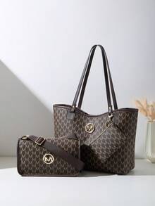 A Casual Women's Tote Bag 3 Pieces Set Made Of PU Material Bag With Quilted Letter Patterns That Blend Personalized And Fashion, Suitable For Daily Use - Coffee - View 1