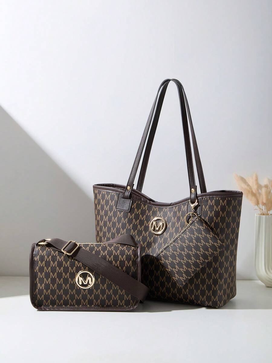 A Casual Women's Tote Bag 3 Pieces Set Made Of PU Material Bag With Quilted Letter Patterns That Blend Personalized And Fashion, Suitable For Daily Use - Coffee - View 1