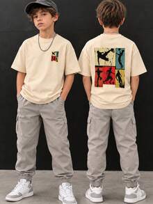 1pc Tween Boy Football Print Short Sleeve T-Shirt, Student Youth Apparel, Summer Gift For Kids - Apricot - View 2