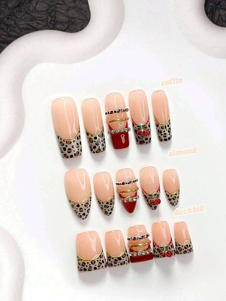 秋冬款 10片裝美拉德風手工穿戴甲 Polygel美甲套組 櫻桃豹紋紅棕色成熟風 3種尺寸可選 杏仁甲/鴨嘴甲/棺材甲 適合派對、跳舞、日常佩戴(手工細節可能有所不同) - 彩色 - 查看 1