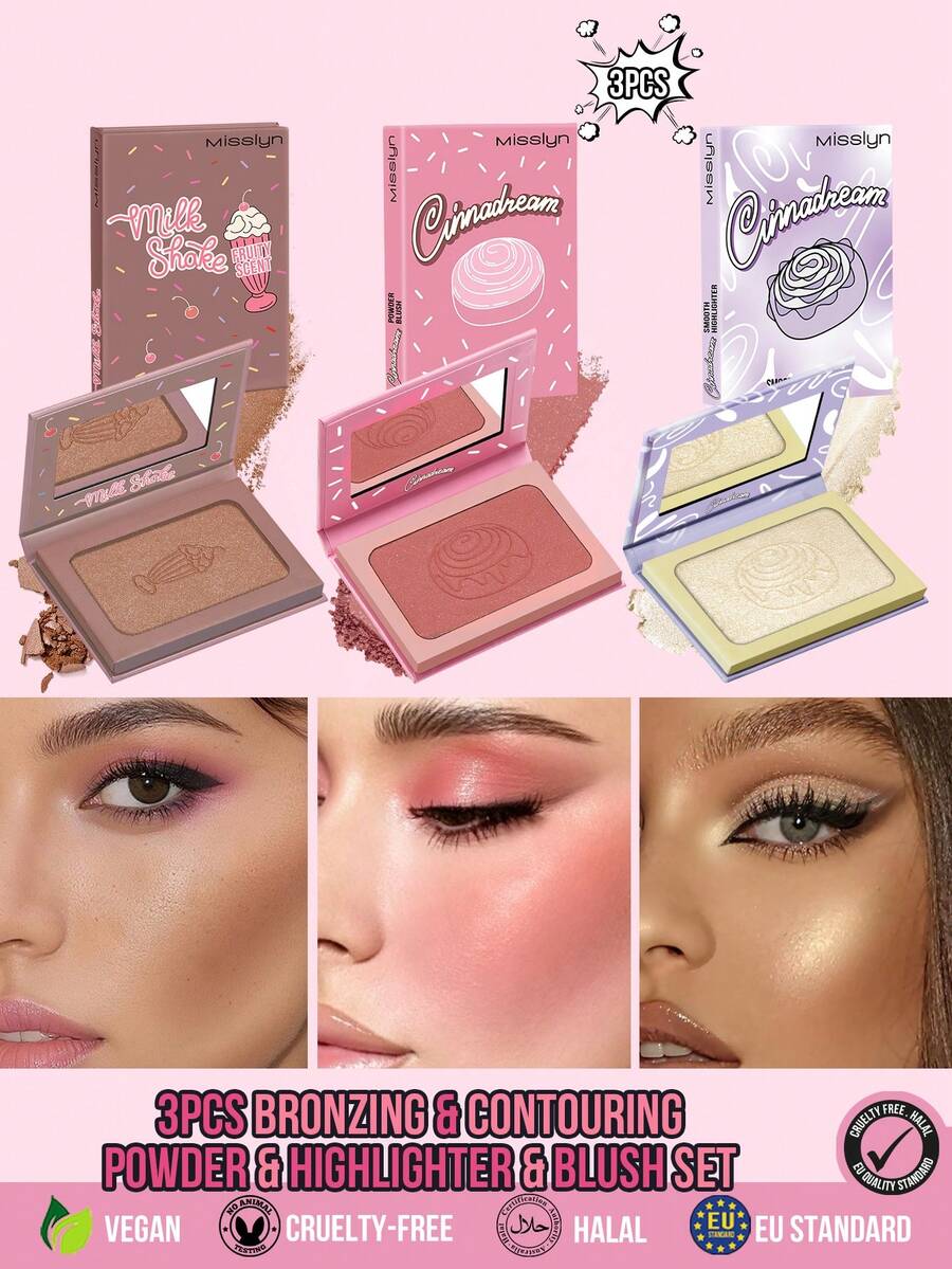 MISSLYN 3Pcs Milk Shake Powder Blush & Cinnadream Powder Blush & Cinnadream Smooth Highlighter Set, Berry Bronze Sculpted Glow Look, Silky Blendable Pigment, Natural Matte Glow, Daily/Party/Summer, Y2K/Soft Glam/Beach, Halloween Makeup - #5+#2+#1 - View 1