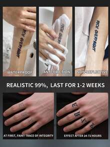 1Pc Men Tattoo Fake Y2K Temporary Tattoos Letter Semi Permanent Waterproof Sweatproof Last For 1-2 Weeks Anti-Friction Non-Reflective Black For Woman And Men Tattoo Stickers For Arm, Chest, Leg, Abdomen, Waist, Finger, Neck, Spine, Modernist - HC - View 4