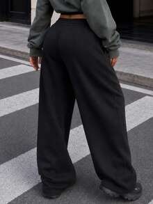 Women's Drawstring Waist Loose Wide Leg Casual Sports Pants, With Pockets, Knit Fabric Slightly Elastic, Black, Autumn Sports Style - Black - View 2