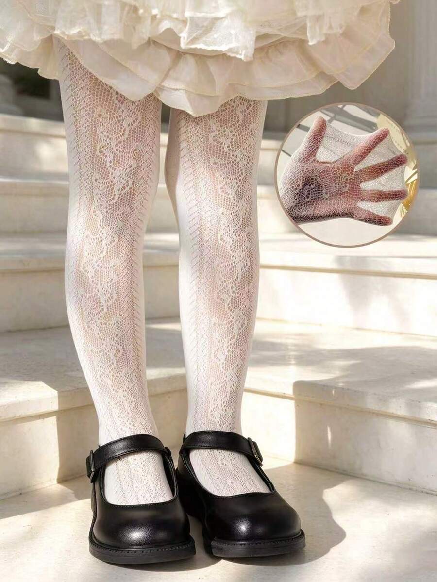1pc Girls White Floral Pattern Leggings, Cute Sweet Style, Fashionable Soft Comfortable Skin-Friendly Breathable Versatile, Suitable For Princess Dress/Holiday Gift/Daily Wear/Stage Performance/School Activity - Beige - View 1