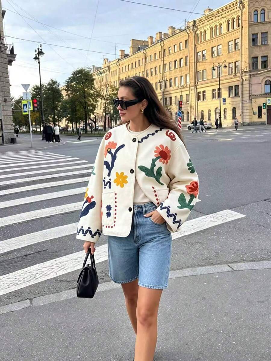 Camellia Autumn New Women's European & American Style Fashion Minimalist Versatile Floral Print Jacket - Beige - View 1