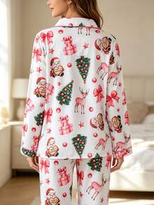 [Livanti Pajamas]2pcs Women's Long Sleeve Pajama Set, Collared Button-Down Shirt And Elastic Waist Loose Pants, Suitable For All Seasons, Comfortable And Loose Fit, New Christmas Santa Claus & Christmas Tree Print Design, Fall & Winter Clothes - White - View 5