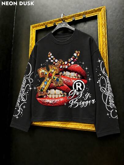 Men's Patterned Crew Neck T-Shirt, Y2K Luxury Street Style, Lips & Cross Print Design, Loose Fit Long Sleeve Pullover Top, Suitable For Men & Women Casual, Party & Concert Outfits