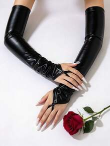 1 Pair Patent Leather Coated Fingerless Evening Gloves Arm Sleeves Shiny Long Sleeve Covers - Pink - View 7