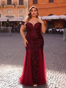 Plus Size Women's Off-Shoulder Burgundy Sequin Backless Mesh Patchwork Extra Long Party Ball Evening Gown - Burgundy - View 2