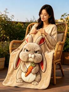 1pc Funny Angry Four-Ear Rabbit Carrot Pattern Flannel Blanket, Super Soft Comfortable Lightweight Cartoon Rabbit Print Fleece Blanket, Warm Nap Blanket, Suitable For Sofa Bed Office Camping, Cute Animal Home Decor Gift - Multicolor - View 2