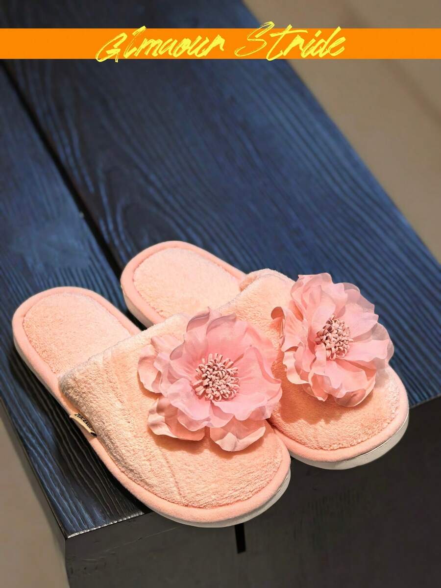 (尺寸偏小) 女款粉色露趾毛巾布室內拖鞋,3D歐根紗花朵裝飾,柔軟保暖居家套腳拖鞋,女款平底拖鞋 - 粉色 - 查看 1