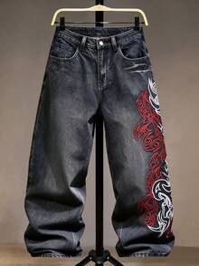 1pc American Retro High Street Hip Hop Men's Denim Jeans With Side Embroidery, Wide Leg, Casual Loose Fit, All Season Long Pants | Belt & Accessories Not Included - Black - View 8