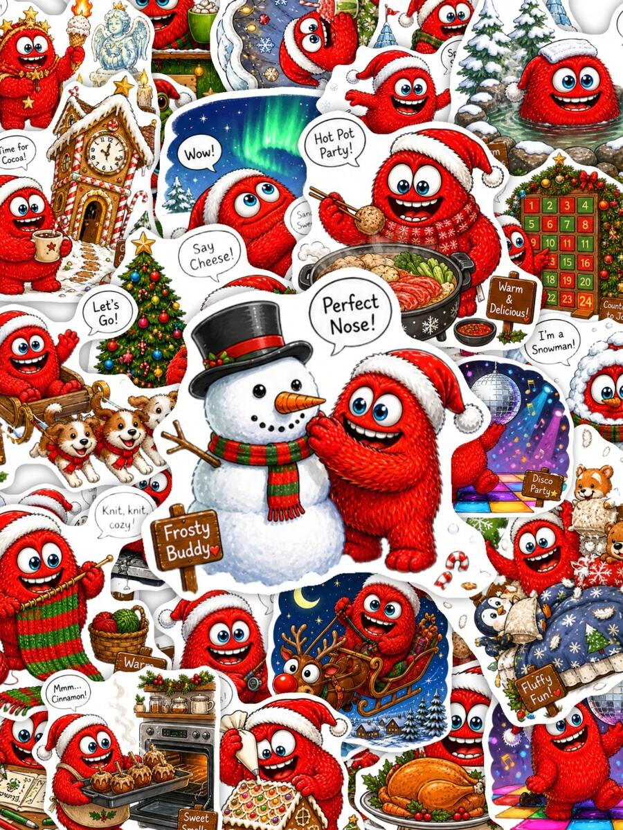 50Pcs Funny Christmas Monster Stickers, Xmas Holiday Assorted Scene Stickers, Waterproof Decor Stickers For Laptop, Water Bottle, Suitcase, Journal & Back‑To‑School Xmas Craft Projects - Multicolor - View 1