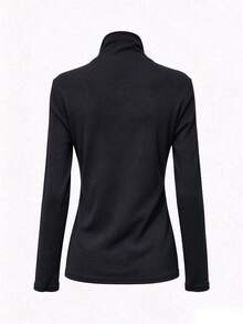 Women's Semi-High Neck Thermal Lined Base Layer Top, Patchwork Fishbone Design, Autumn/Winter Casual Black Fall - Black - View 6