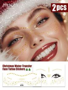 JYTWHCM 2pcs Waterproof Temporary Tattoo Stickers, Water Transfer Face Stickers, Christmas Gold Foil Dotted Face Pattern, Shiny Metallic Design, Long-Lasting Fake Body Stickers, Christmas Party Holiday Makeup Decoration, Unisex, Suitable For Forehead And Cheeks - Gold - View 1