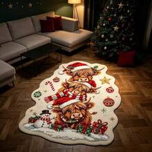 1PC Christmas Highland Cow Shaped Rug, Living Room Bedroom Holiday Decor Mat, Snowman Gift Cartoon Plush Foot Mat, High-Density Soft Fluffy Skin-Friendly Texture, Machine Washable And Hand Washable For Easy Care, Place In Living Room In Front Of Sofa, Bedroom Bedside, Christmas Tree Base Or Reading Corner, Instantly Fill The Room With Warm Christmas Atmosphere, Perfect Practical Holiday Gift For Family And Friends, Bedroom Decor, Small Rug, Home Decor, Living Room Rug, Living Room Small Rug, Bedroom Rug, Living Room Home Decor - Multicolor - View 2