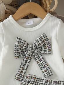 2pcs Baby Girl Cute Academy Style Bell Sleeve 3D Bow Ribbed Knit Top & Skirt Set, Thin For Spring/Autumn - White - View 4