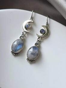 Tsnamer Moon Crescent Drop Earrings - Natural Moonstone Earrings - Celestial Earrings Set - Celestial Jewelry - Dangle Earrings - Silver - View 1
