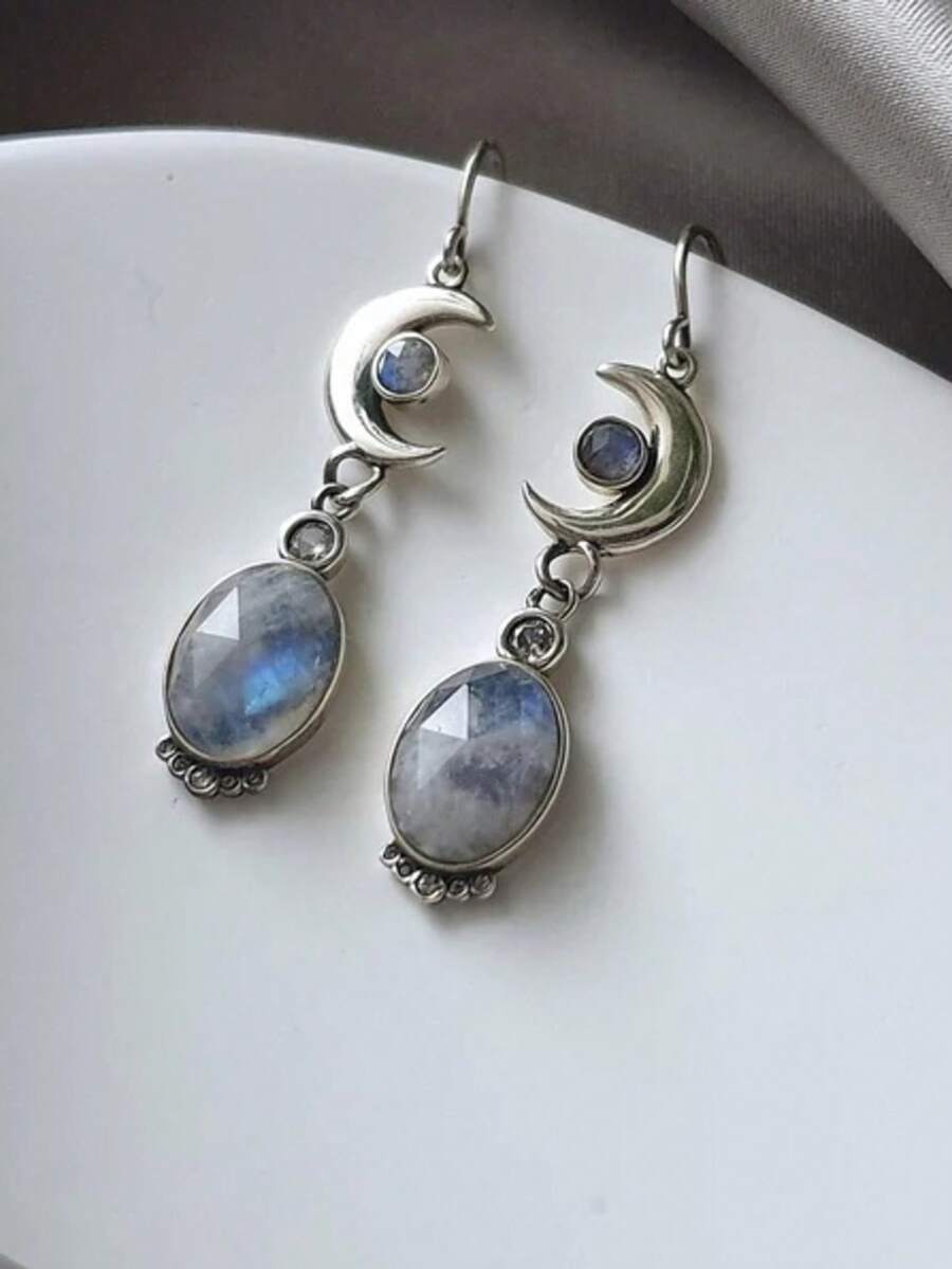 Tsnamer Moon Crescent Drop Earrings - Natural Moonstone Earrings - Celestial Earrings Set - Celestial Jewelry - Dangle Earrings - Silver - View 1