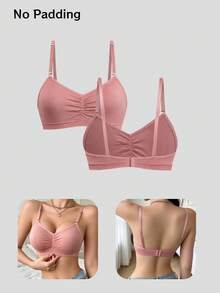 1pc Women's Wireless V-Neck Ruched Front Adjustable Spaghetti Strap Pink Soft Seamless Knit Fabric Comfortable Minimalist Bra, Suitable For Daily Casual Wear - Pink - View 5