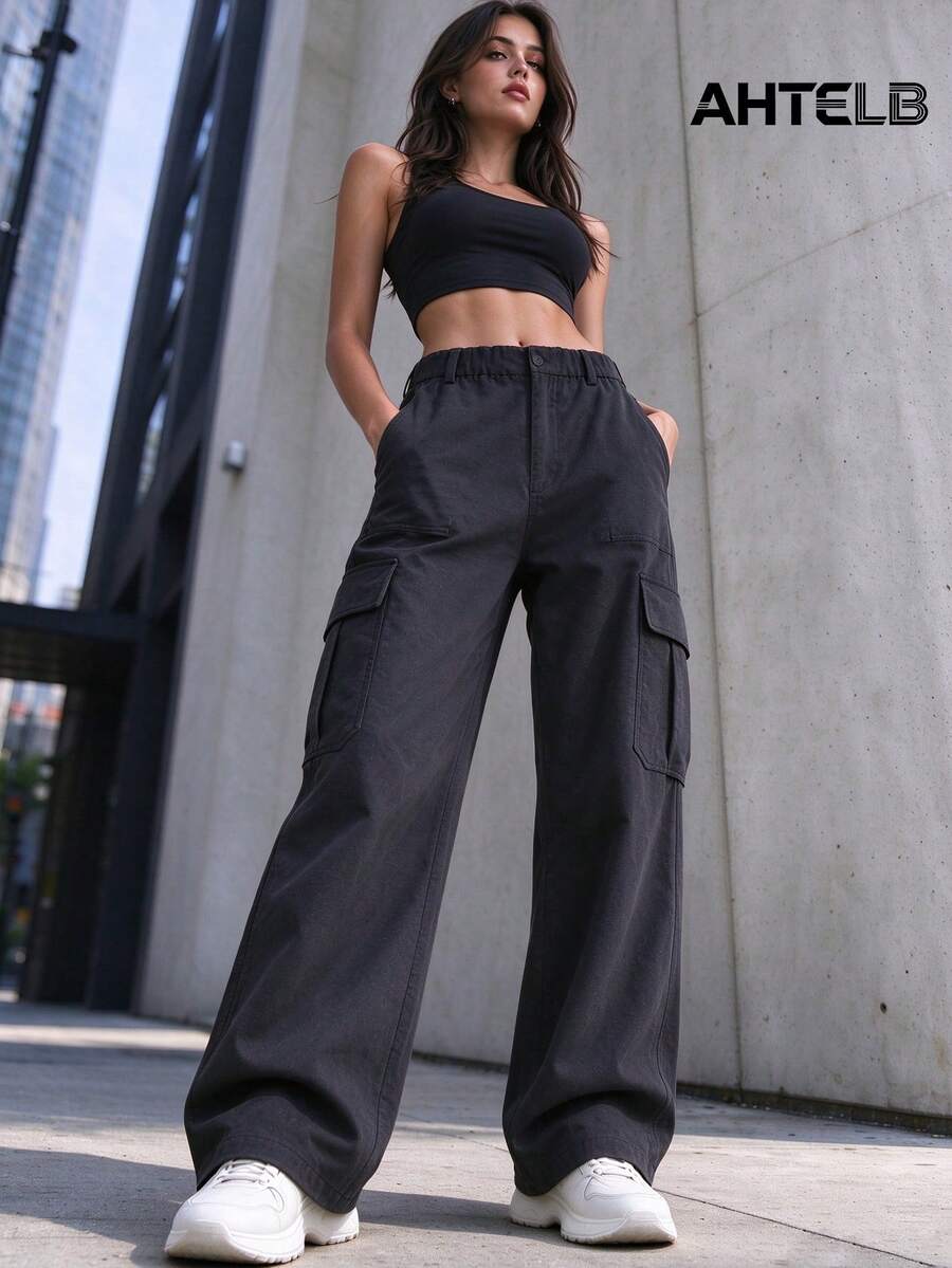 AHTELB Women's Spring/Autumn Cargo Wide Leg Pants, Elastic Waist Design For Comfortable Fit Without Tightness, Sleek Wide Leg Cut To Flatter Leg Lines, Multi-Pocket Design For Style And Practicality, Convenient Storage For Small Items, Effortlessly Create Outfits, Suitable For City Walks, Daily Wear, Short Trips And More. For Friends, Wives, And Girlfriends. - Black - View 1