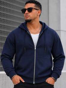 Hoodie Pria Warna Biru Tua dengan Resleting, Sweatshirt Lengan Panjang dengan Tali Serut, Saku Kanguru, dan Trim Bergaris, Cocok untuk Kembali ke Sekolah, Pakaian Sehari-hari, dan Bepergian - Navy Blue - View 2