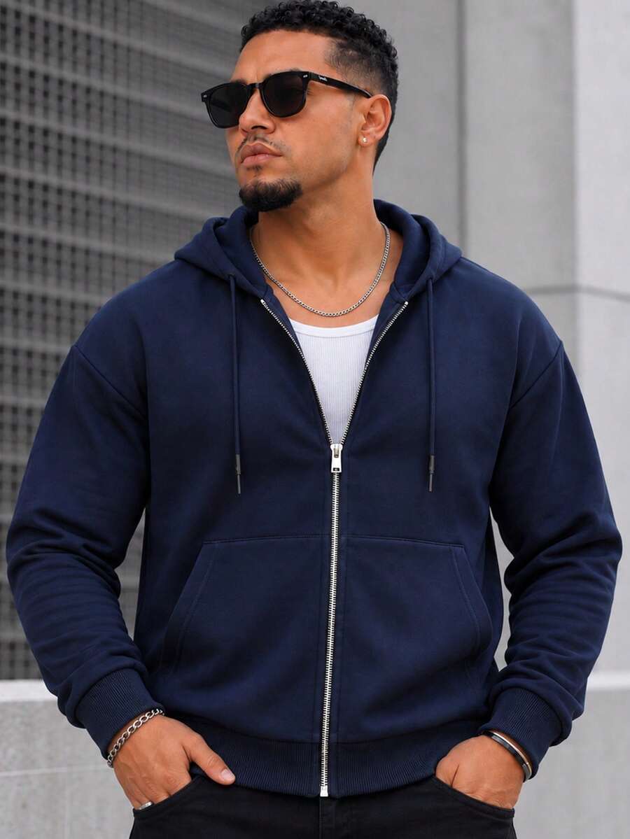 Hoodie Pria Warna Biru Tua dengan Resleting, Sweatshirt Lengan Panjang dengan Tali Serut, Saku Kanguru, dan Trim Bergaris, Cocok untuk Kembali ke Sekolah, Pakaian Sehari-hari, dan Bepergian