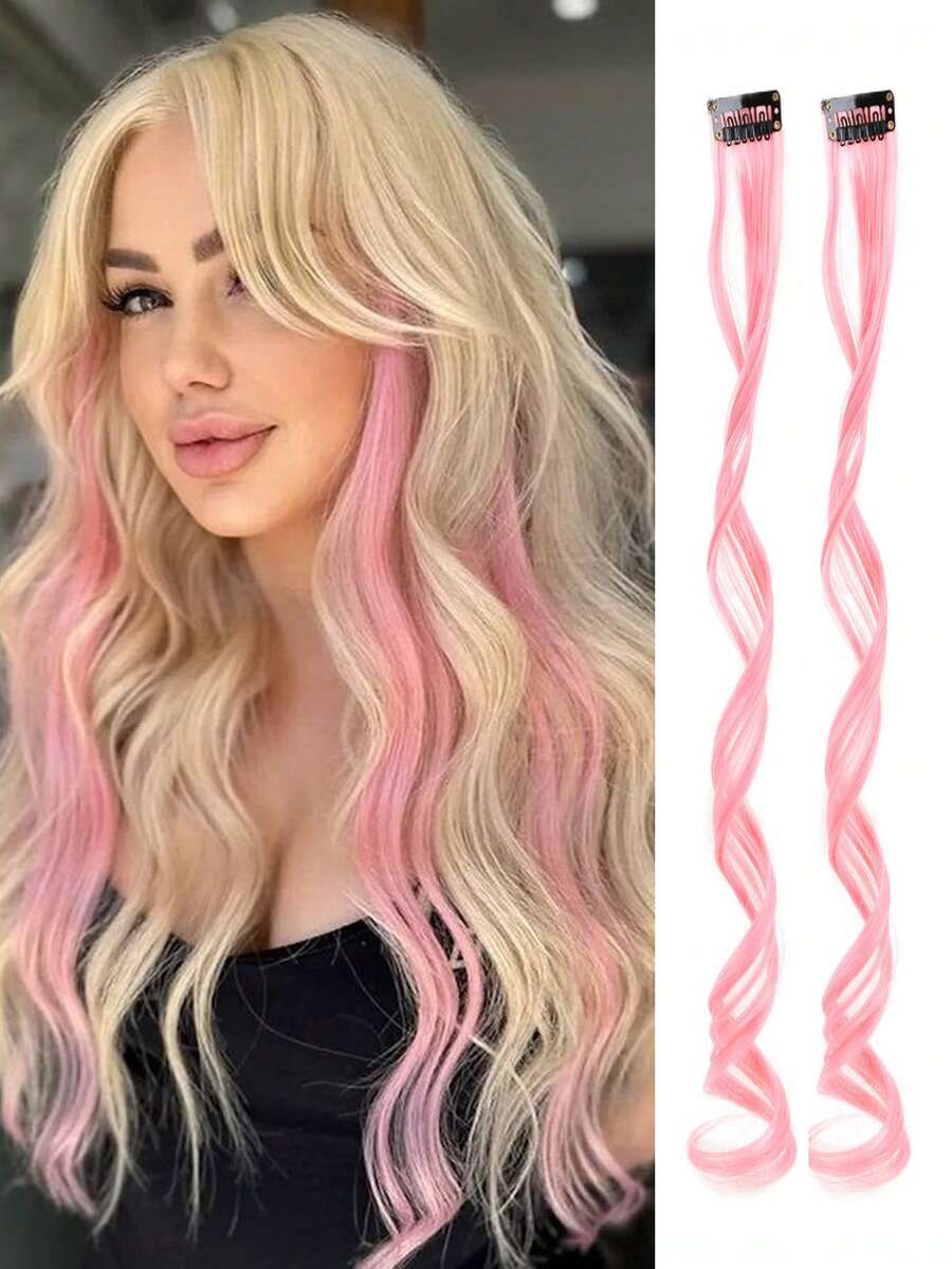2pcs Pink Clip-On Curly Wavy Hair Extensions, Synthetic Fiber Hair Pieces Suitable For Daily Wear, Princess Party, Festival, Y2K Style Hair Accessories,Halloween Costume And Cosplay