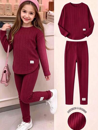 Tween Girls 2 Pieces Set, New Autumn/Winter Girls' Army Green Ribbed Knit Long Sleeve Crew Neck Pullover Top With Curved Hem And Letter Patch Slim Fit Pants, Fashionable Minimalist Sporty Casual Outfit For Daily Wear And Outings