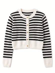 Women's Cardigan Sweater, Round Neck, Single-Breasted Button Closure, Long Sleeve, All-Match Style, Daily Commute, Versatile, Contrast Color Striped, Short Length, Wear Alone Or Layer, Knit Top, Spring Autumn Winter - Apricot - View 8