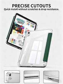 High Transparency Tri-Fold Tablet Protective Case, Compatible With IPad 11 (A16 2025 Model), Multi-Angle Stand, Acrylic Transparent Crystal Back Shell With Pen Slot, Supports Sleep/Wake Function; Compatible With IPad 10th Gen (2022 Model) 11 (A16) 2025 Model, Built-In Camera Lens Protector; Also Compatible With IPad 7th/8th/9th Gen (10.2 Inch), PU Leather Material, Dark Night Green - Dark Green - View 7