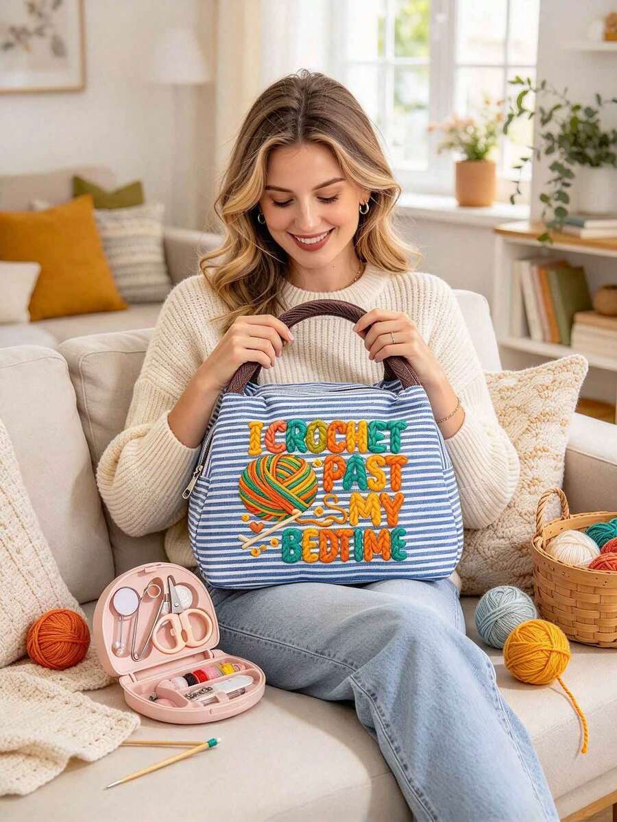 Printed Yarn, Scissors & Knitting Needle Tote Bag For Storing Sewing Tools, Makeup, And Small Personal Items. Multiple Fresh Striped Colorways, Suitable For Handicraft Enthusiasts And Commuting. Mini Portable Sewing Kit Tool Set, Artistic Handmade Healing Style, Perfect Practical Creative Gift For Girls Who Love Knitting And Sewing - Multicolor - View 1