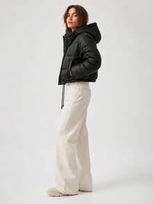 Women's Cropped Puffer Jacket With Detachable Hood, Ribbed Cuffs, Drawstring Hem, Zip And Snap Closure, 2 Pockets - Black - View 2