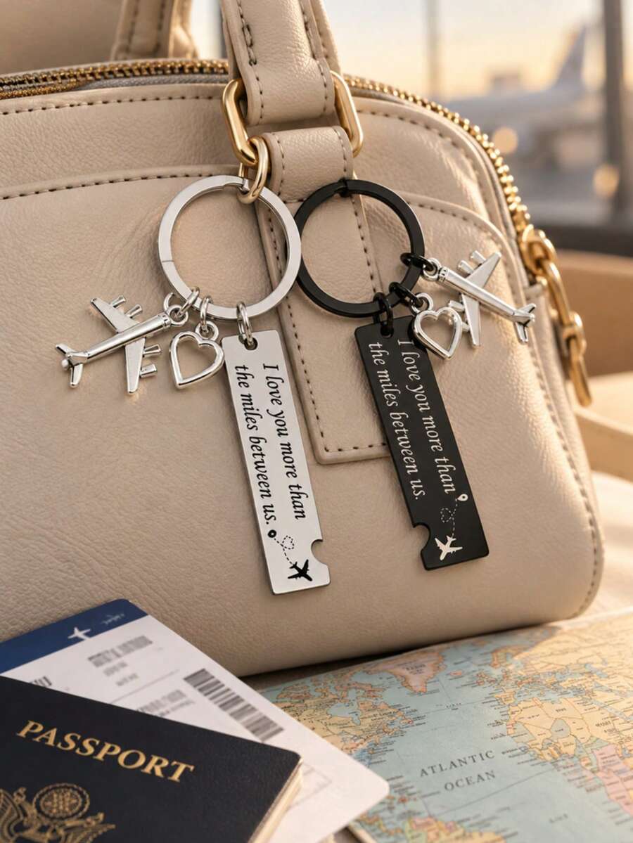 Couple Travel Keychain, Stainless Steel Airplane Heart Charm Key Tag, Long Distance Relationship Gift For Boyfriend Girlfriend