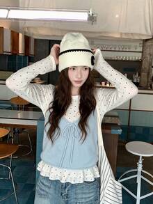 Polka Dot Lace Long Sleeve T-Shirt Women Slim Fit Top Knit Camisole 2pcs Set, Autumn/Winter Casual Daily Wear - Blue - View 1