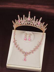 4‑Piece Kids Jewelry Set Pink Rhinestone Crown, Necklace And Earrings.Stage Performance Accessories,Children Birthday Gift & Party Hair Ornaments - Gold - View 2