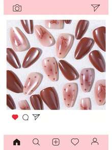 30片Y2K短杏仁形貓眼穿戴甲，酒紅色可愛蝴蝶結與愛心圖案壓克力假指甲套組，含1片果凍膠與1片指甲锉，適合秋冬美甲 - 酒紅色 - 查看 4