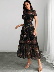 Gothic Elegant Black Base Colorful Floral Print Mesh Round Neck Short Sleeve Fitted Dress, Flared Hem, Long - Multicolor - View 6