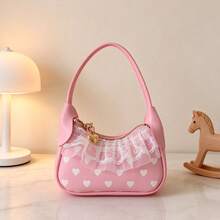 Girls' Sweet Heart Print Mini Handbag, Lace Trim Zipper Pouch, Multiple Colors Available, Princess Accessory Bag - A - View 11