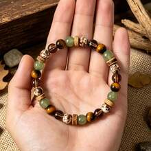 Handmade Natural Beaded Bohemian Style Bracelet, Featuring Tiger Eye, Green Agate And Wooden Beads - Adjustable Elastic Design, Suitable For Daily Wear, Camping, Office Use - Unisex, Versatile Neutral Style For All Seasons - Multicolor - View 8